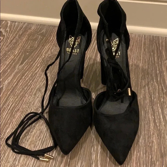 Ankle Tie Pointed Toe Black Chunky Heels Size 10 New - Picture 4 of 8